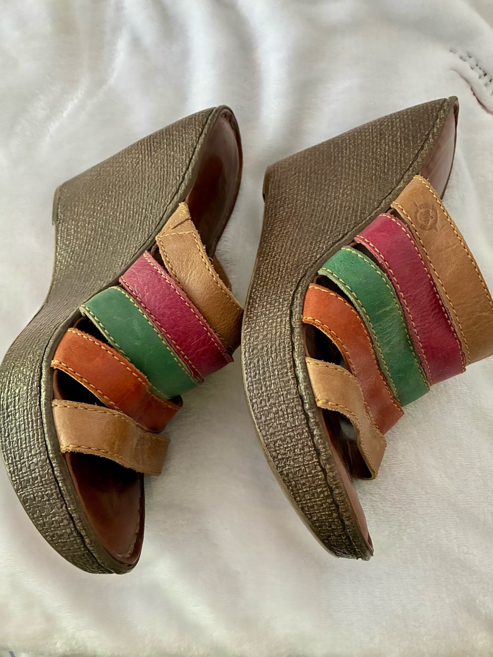 Born Multicolor Leather Strappy Wedge Sandals - Tan, Orange, Green, Pink. Size 7